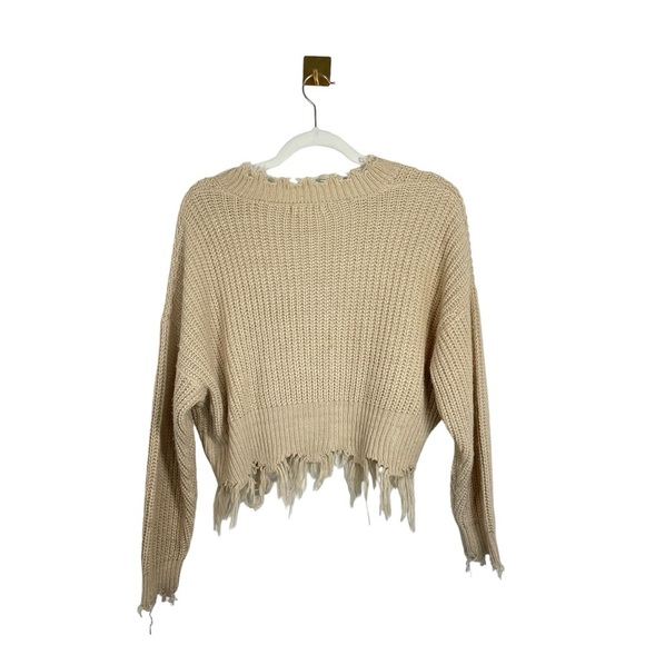 Coco + Jaimeson Cable Knit V-Neck Fringe Sweater in Tan Size S - Picture 9 of 10